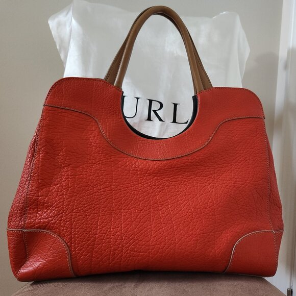FURLA MY PIPER PEBBLED LEATHER LARGE TOP HANDLE BAG ORANGE GENTLY USED LIKE NEW - Picture 2 of 12